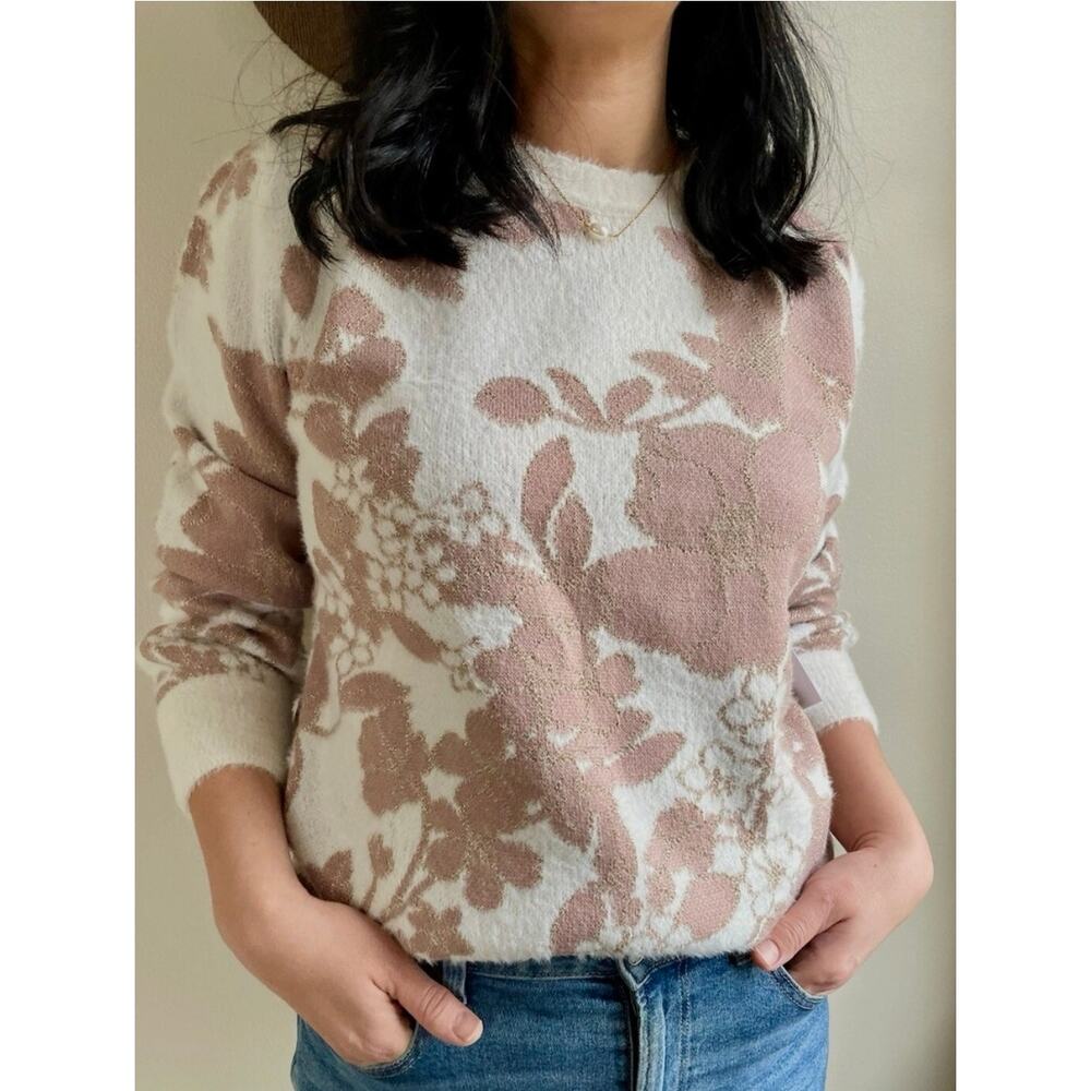 NEW Liz Claiborne Womens‎ 2X Sweater Rose Metallic Floral Neutral Soft Coquette